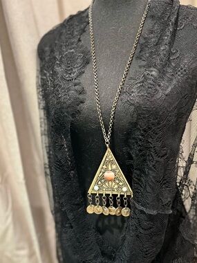 Boho Triangle Coin Pendant Necklace in Gold and Pink